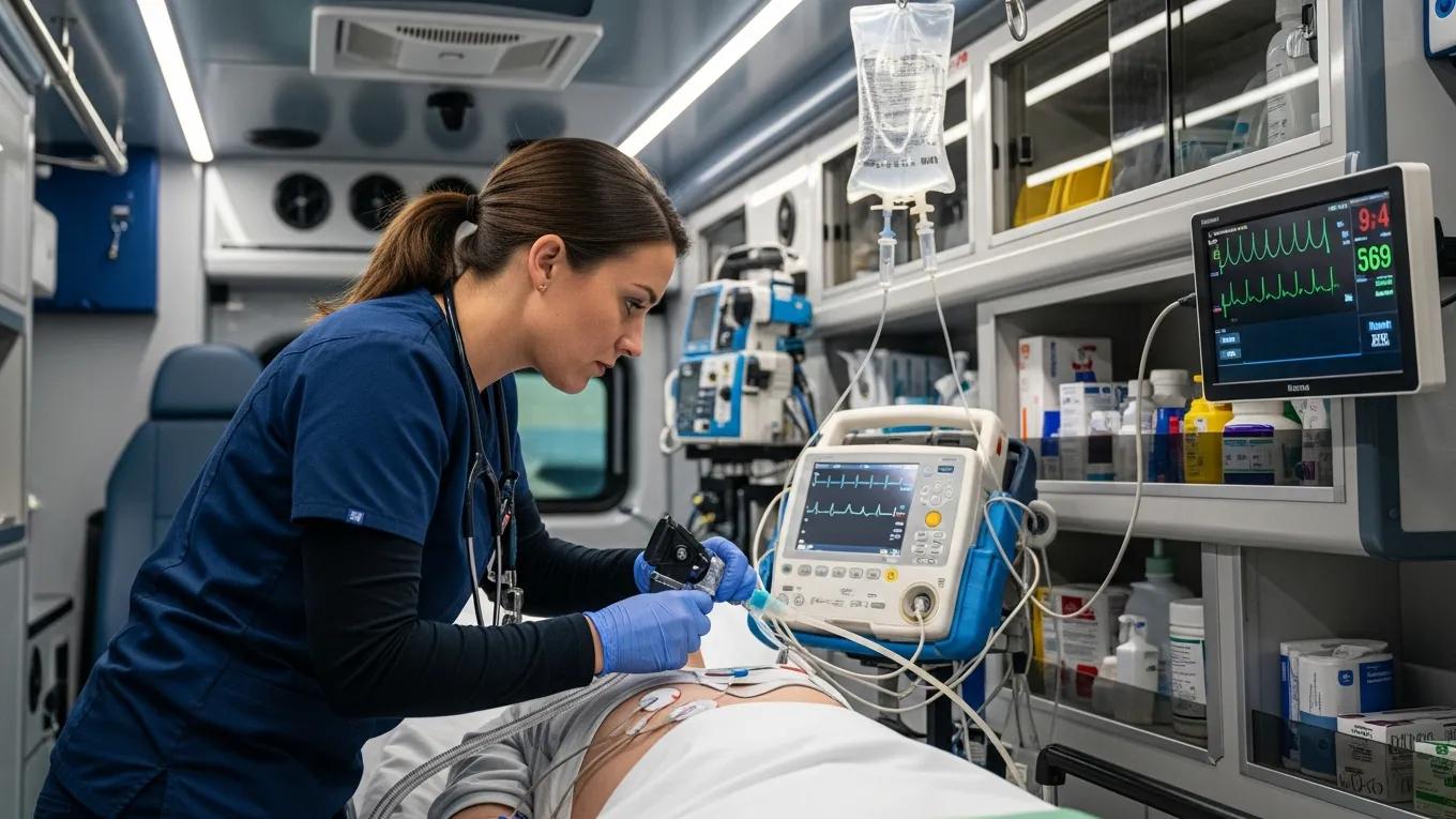 911 responder providing advanced medical care in an ambulance, highlighting emergency response capabilities