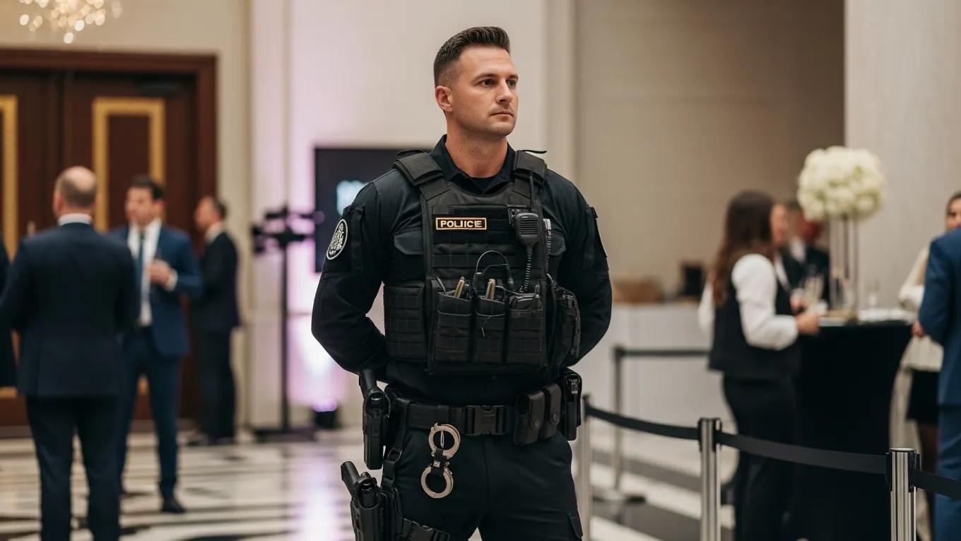 Armed security guard providing protection at a high-profile corporate event