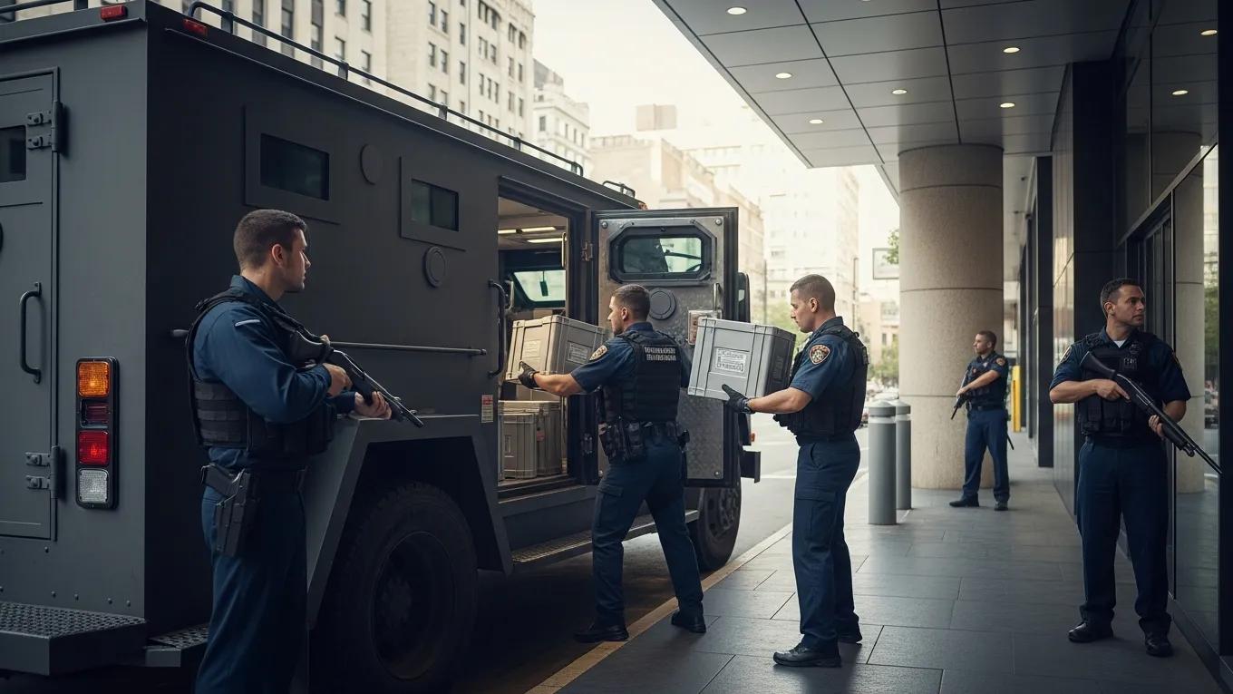 Cash transport operation with security personnel loading cash into an armored vehicle