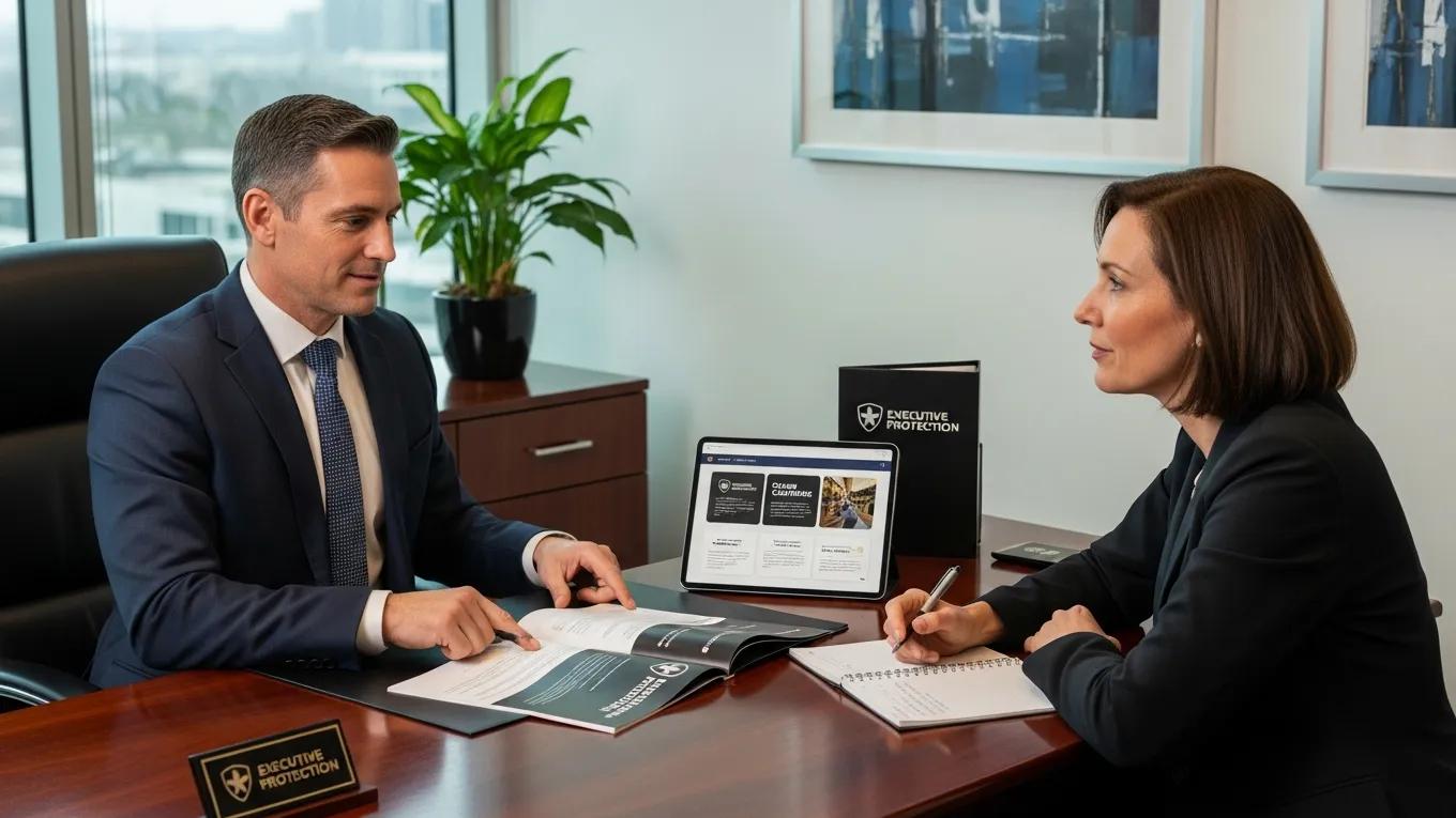 Consultation between a client and an executive protection provider discussing security services