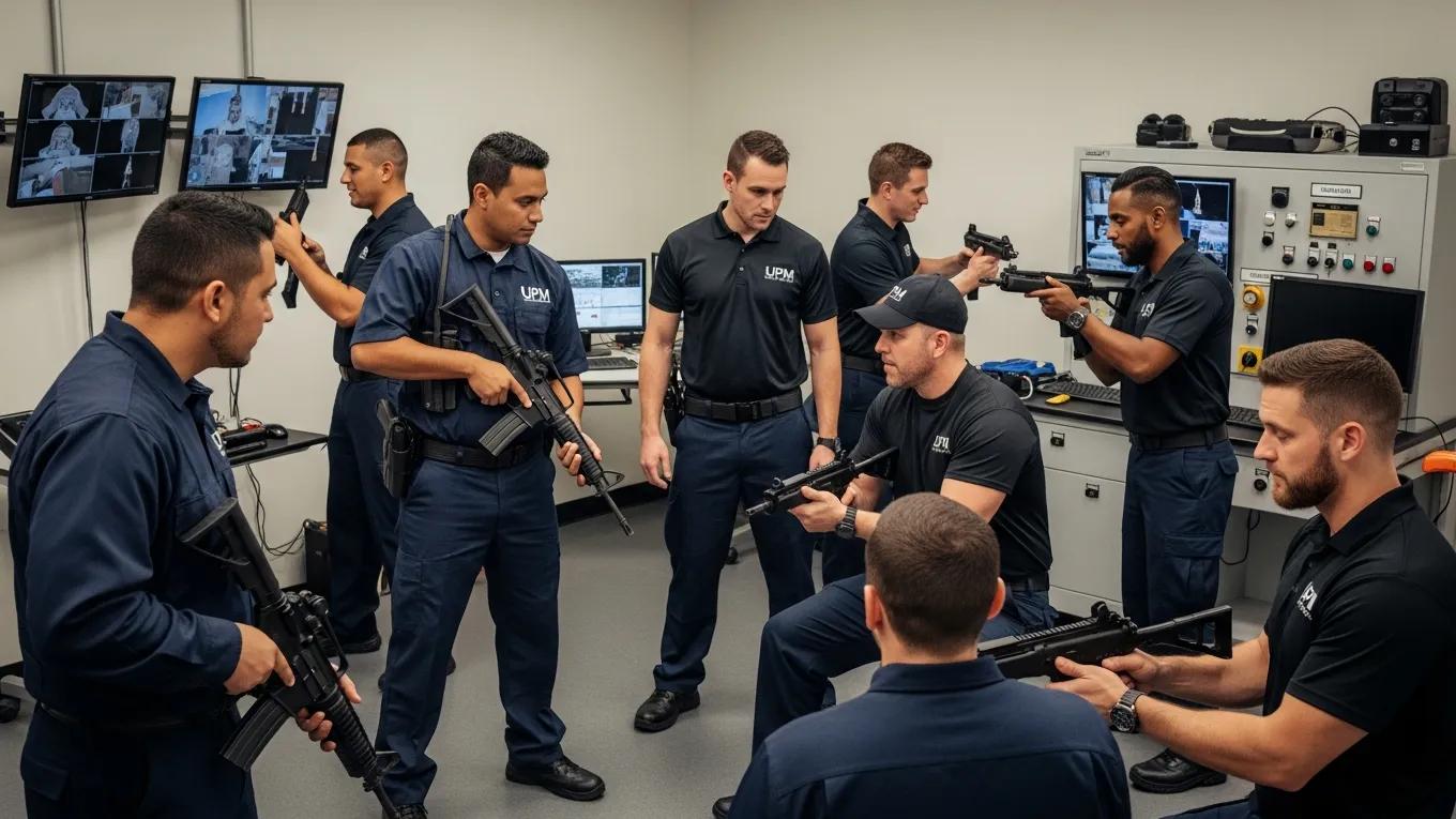 Diverse security personnel in training, highlighting customizable services and rigorous training