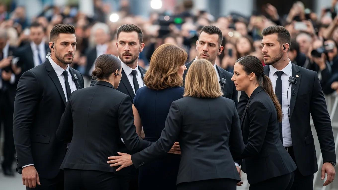 Diverse security professionals providing personal protection to a client at a public event