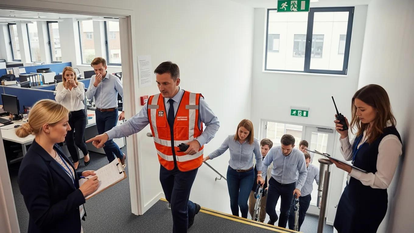 Employees participating in an emergency preparedness drill in a workplace environment