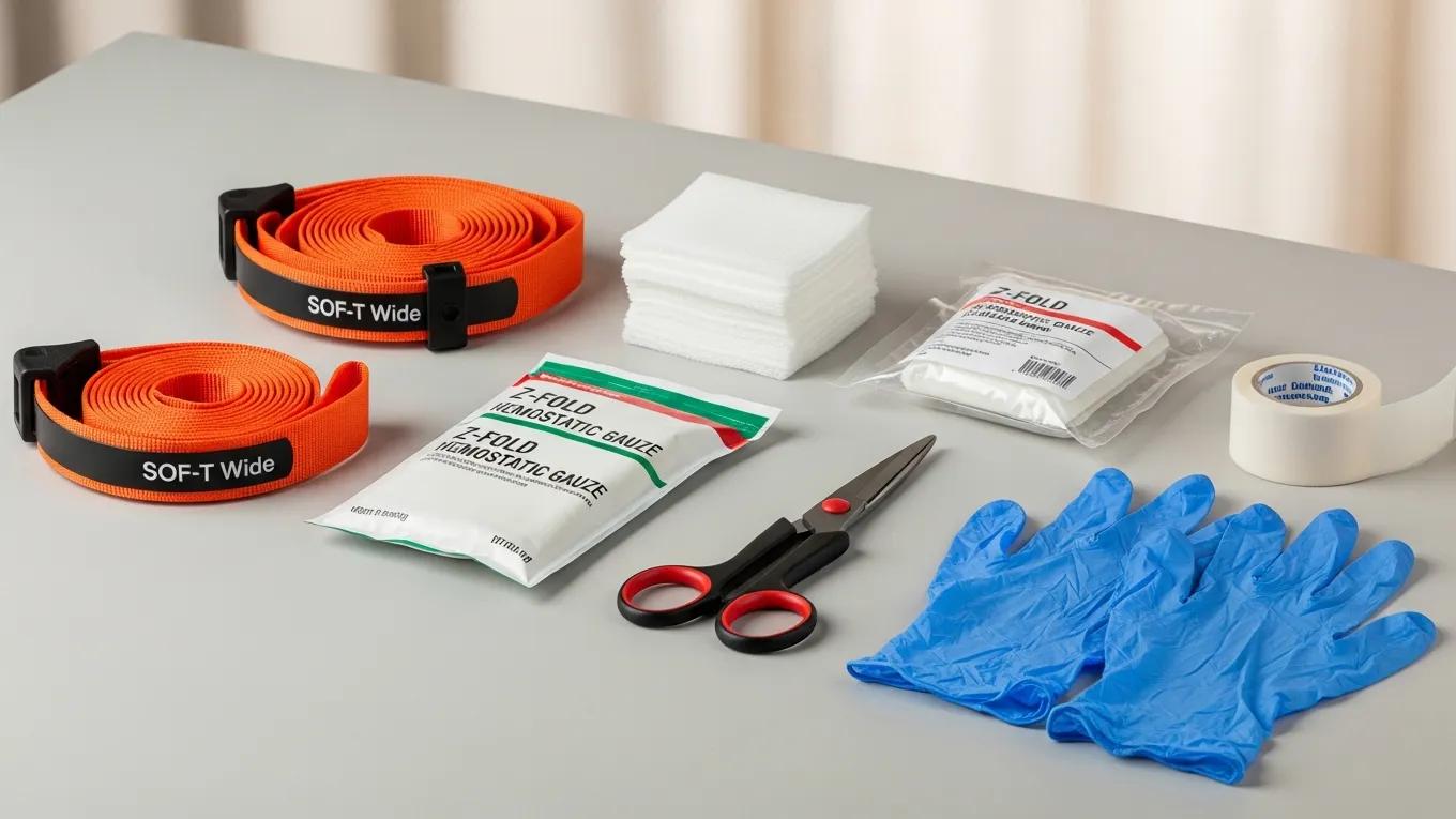 Essential components of a first aid hemorrhage kit, including tourniquets and gauze, emphasizing emergency preparedness