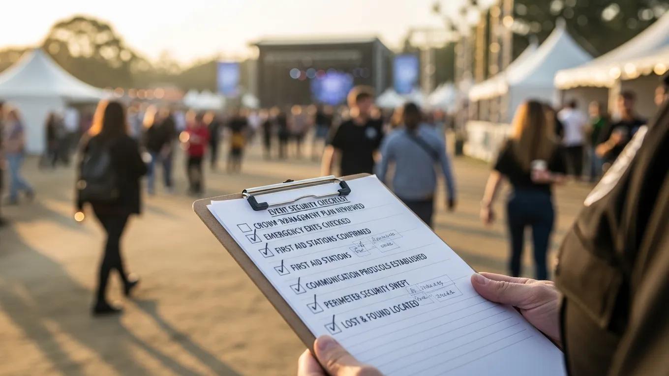 Event security checklist on a clipboard in a busy event venue