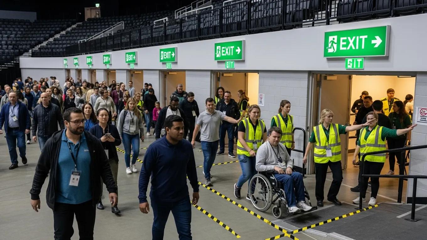 Group practicing evacuation drill in a venue with clear evacuation routes