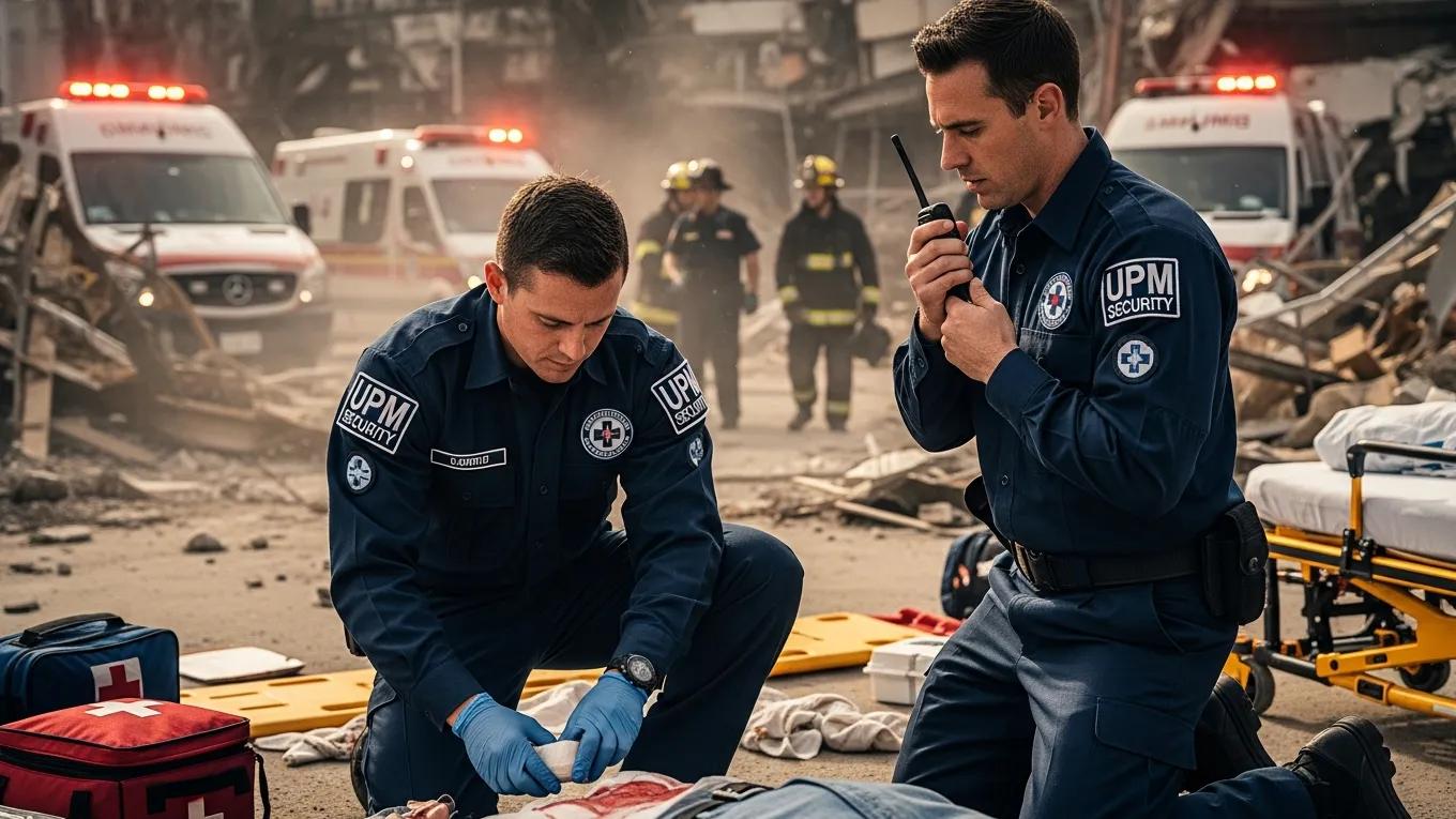 Medically trained UPM Security guards delivering emergency care in a disaster zone