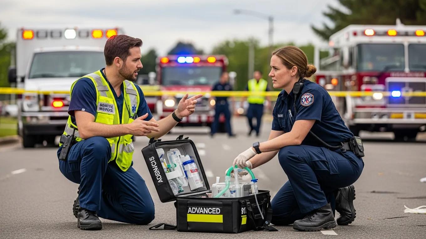 Onsite medic coordinating with 911 responder during an emergency, illustrating teamwork in medical services