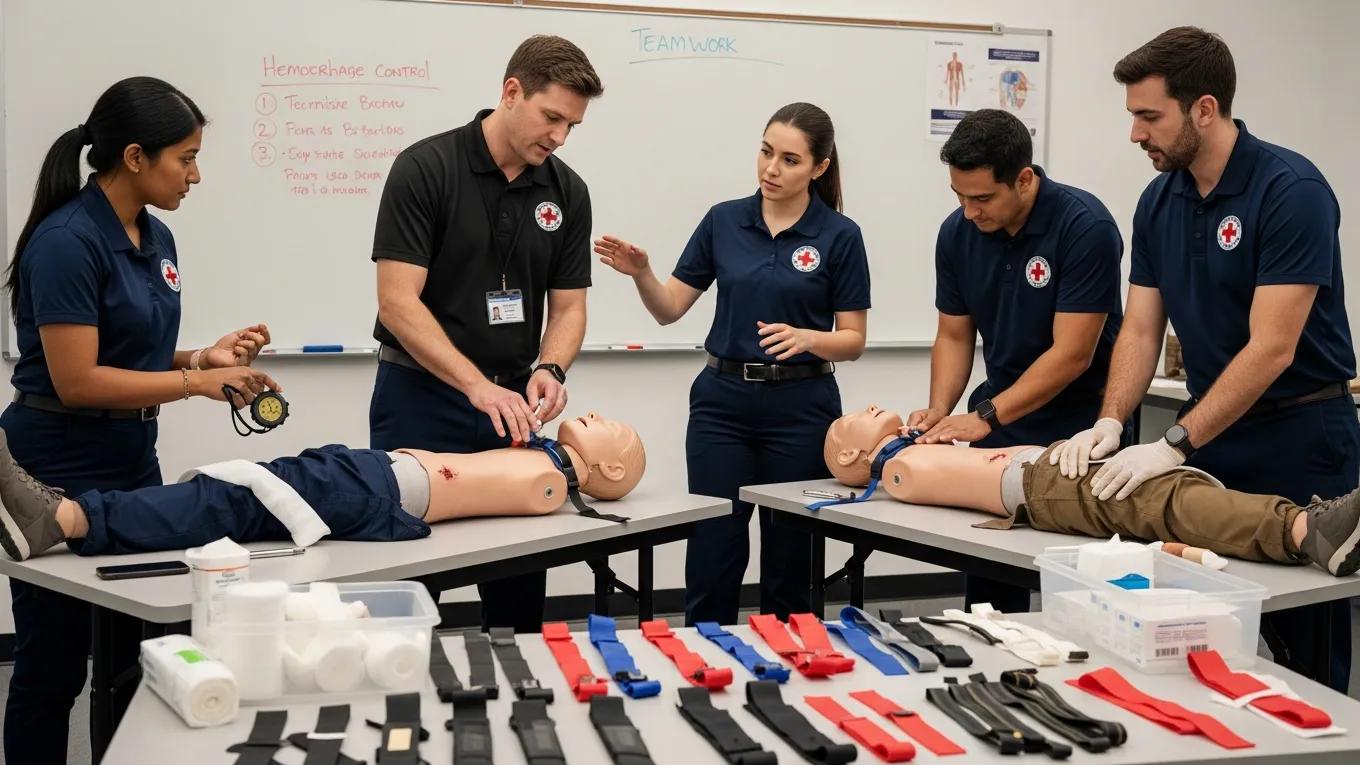 Participants practicing best practices for hemorrhage control in a training session, highlighting teamwork and communication