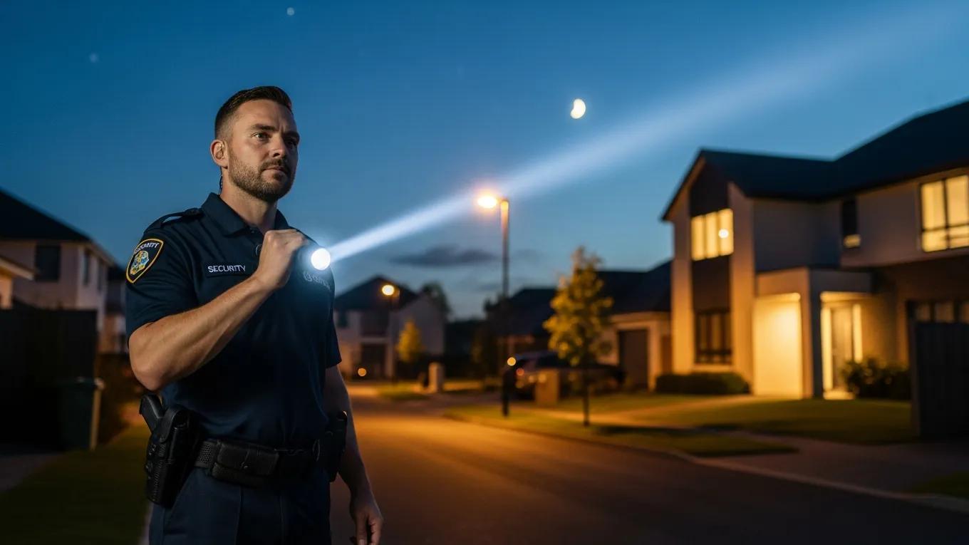 Professional security guard monitoring a residential neighborhood at night, emphasizing continuous protection