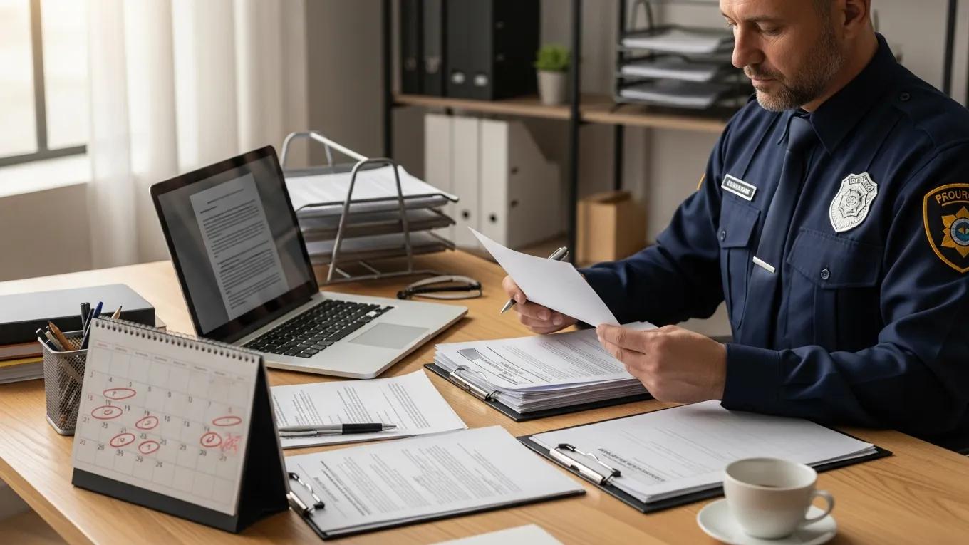 Security guard at a desk reviewing documents for license renewal, emphasizing the renewal process and compliance