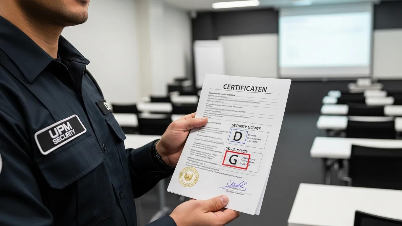 Security guard holding certification documents, emphasizing licensing compliance and training standards