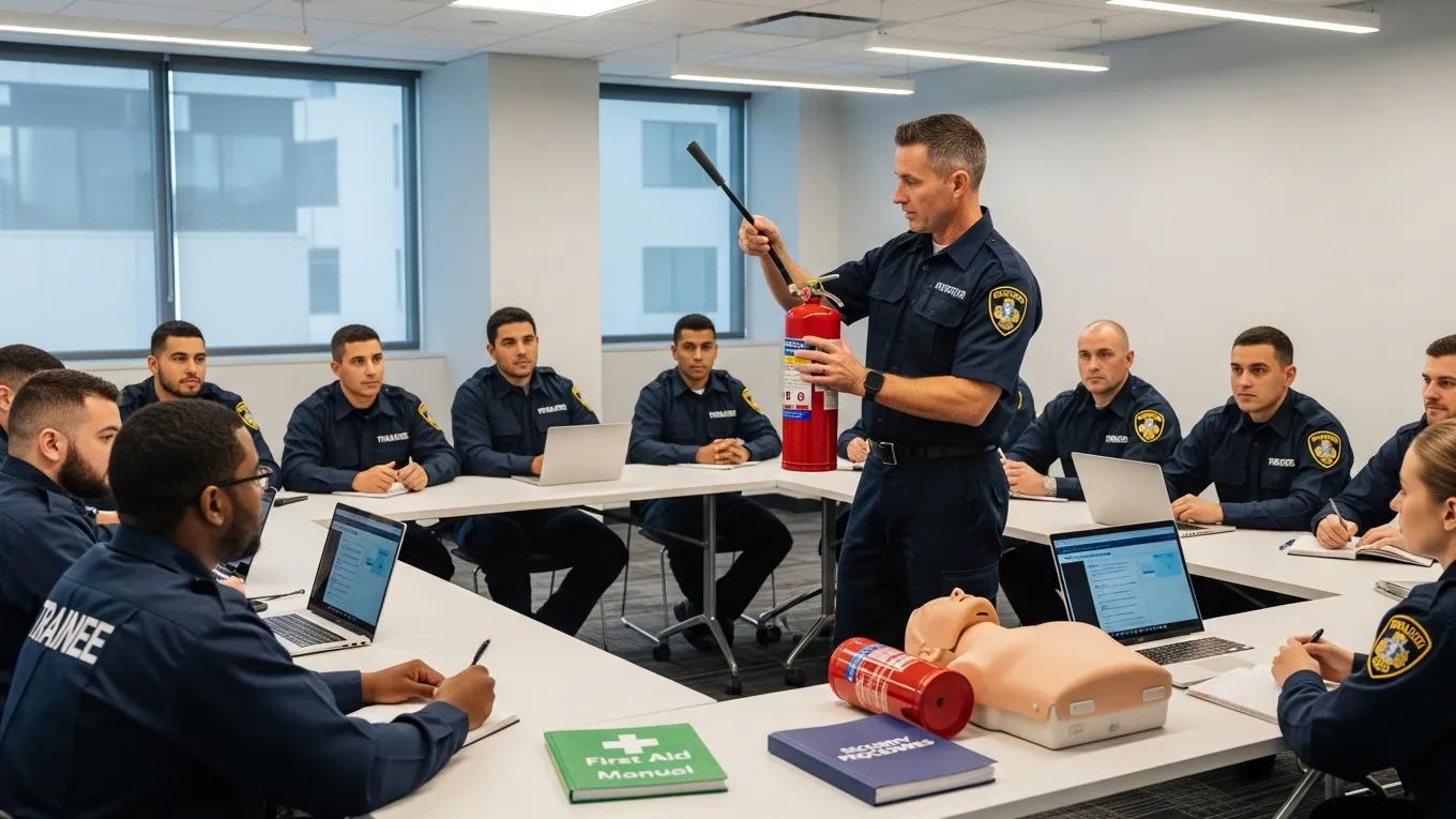 Security guard trainees in a classroom setting learning about training requirements and certification standards