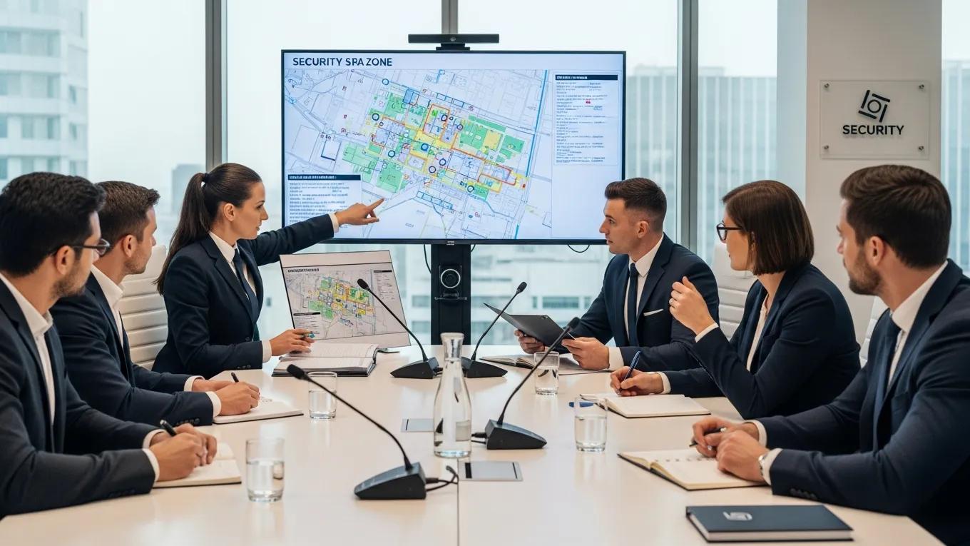 Security personnel and clients engaged in transparent communication, emphasizing integrity and trust