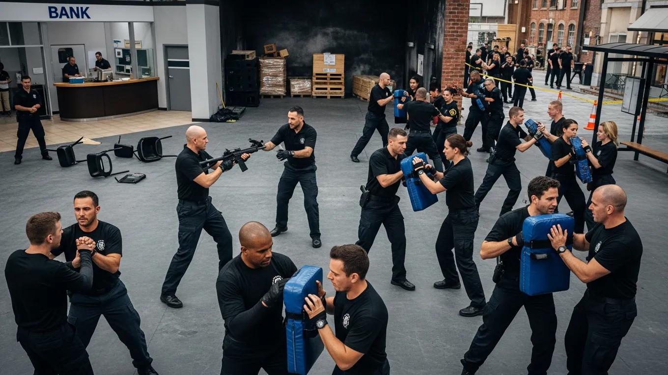 Security personnel engaged in professional training programs focusing on emergency response and conflict resolution