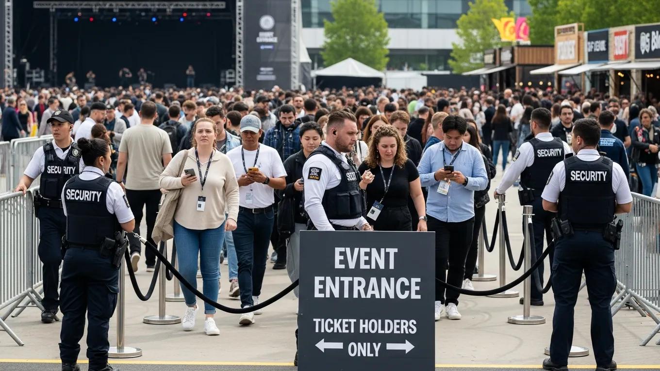 Security personnel managing crowd flow at a large event with clear signage