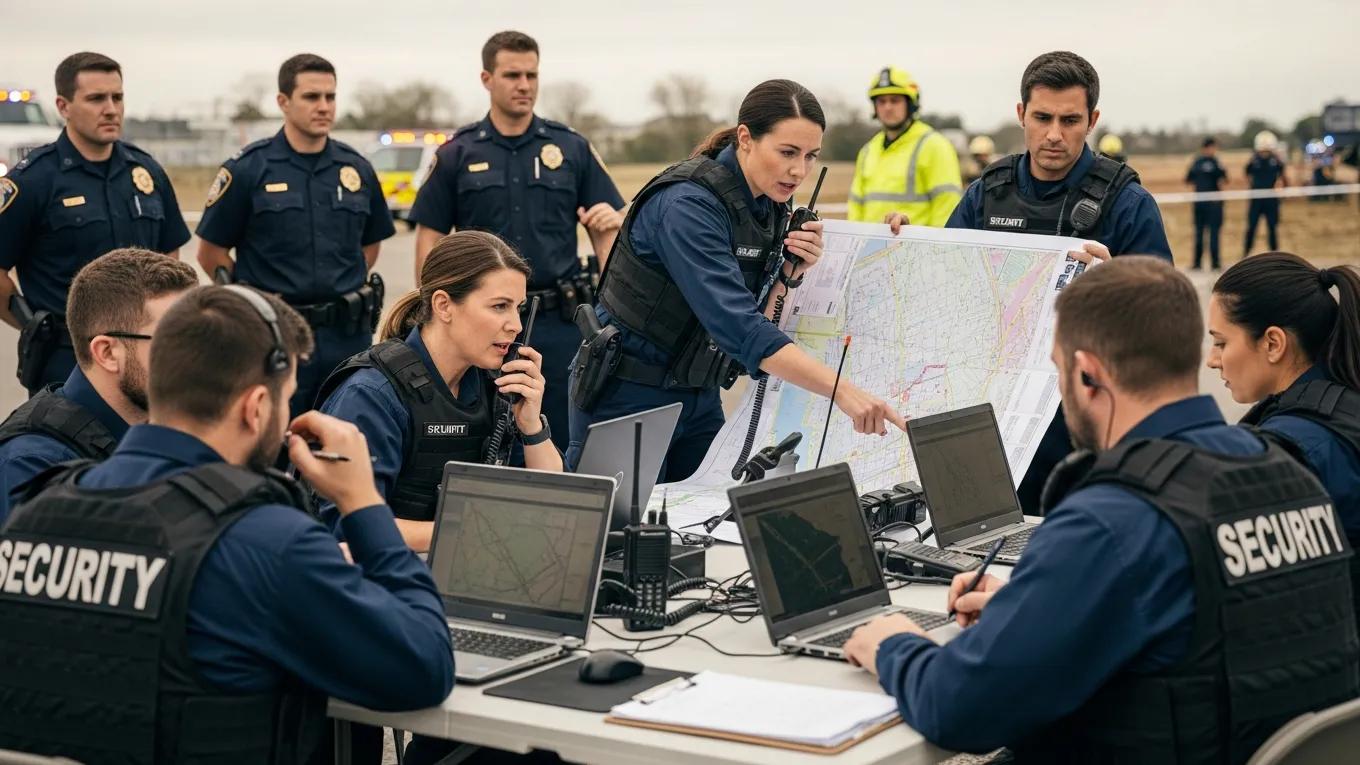 Security personnel managing incident command systems during a crisis