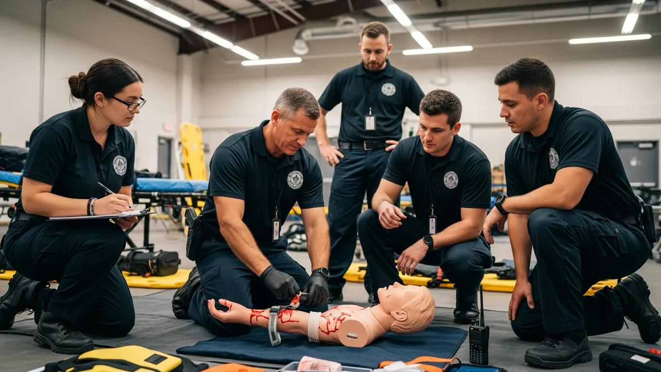 Security personnel participating in emergency medical response training session