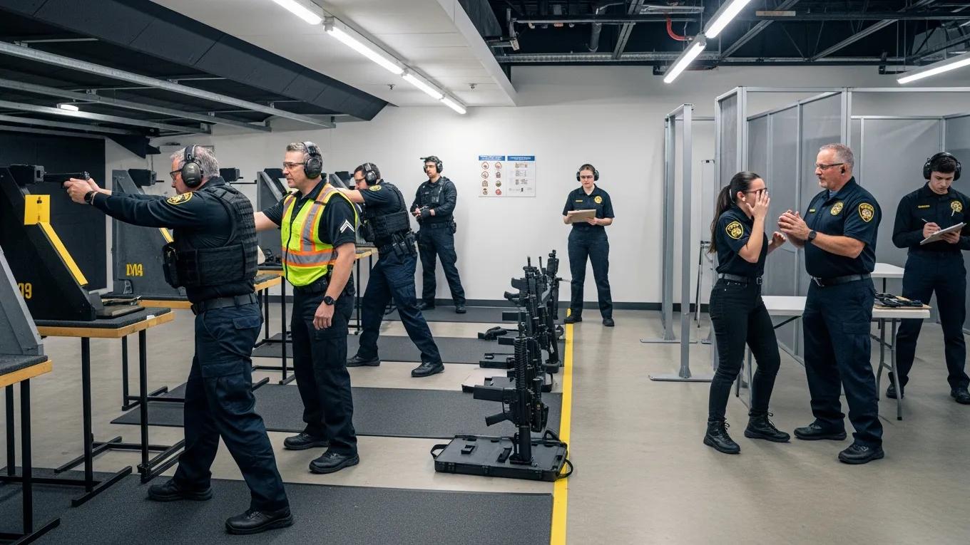 Security personnel training in firearms and conflict resolution, highlighting professionalism and expertise