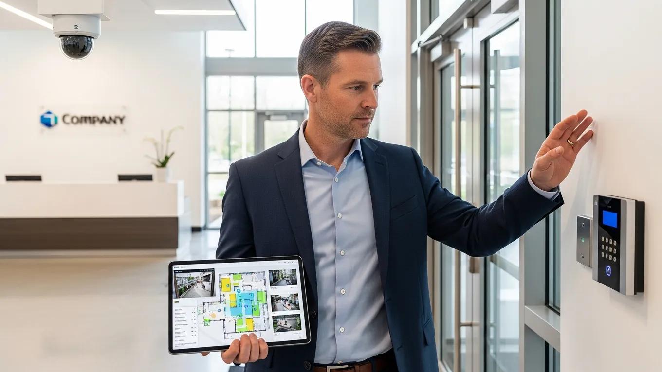Security professional assessing risks at a commercial property