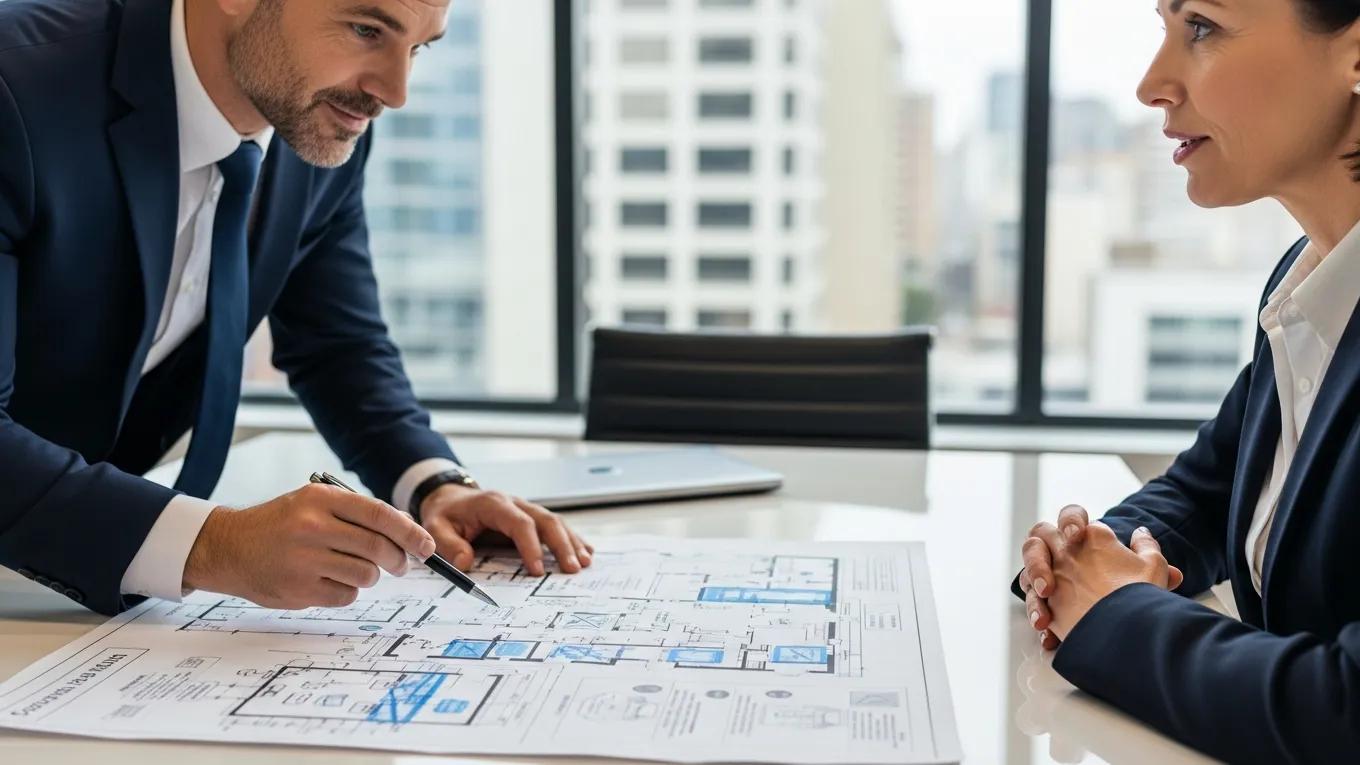 Security professional discussing a tailored security plan with a client in a modern office