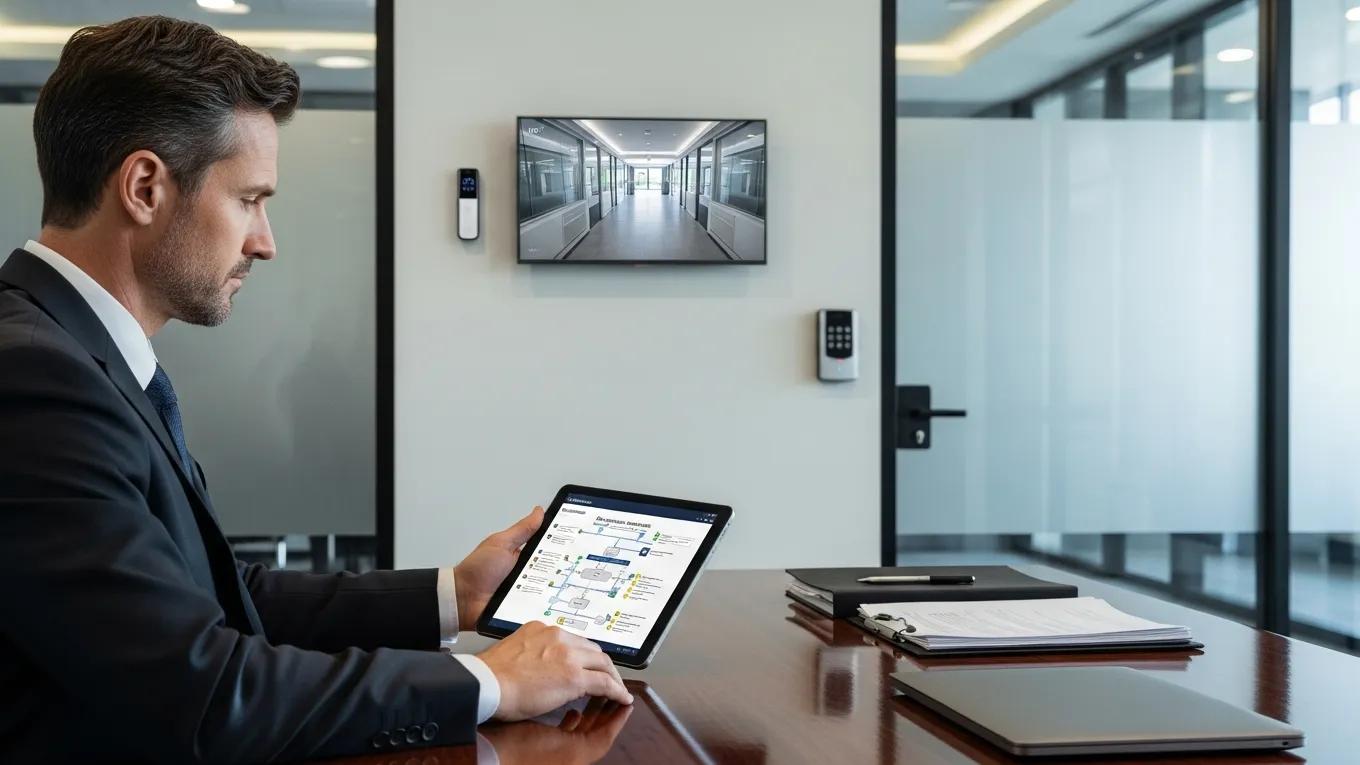 Security professional performing a risk assessment in a corporate office