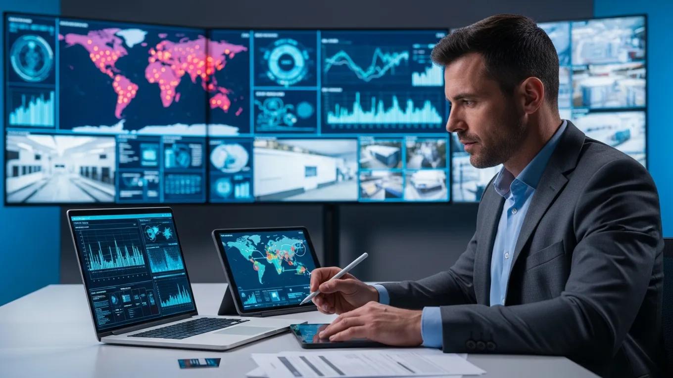 Security professional performing a risk assessment with high-tech tools in a modern office
