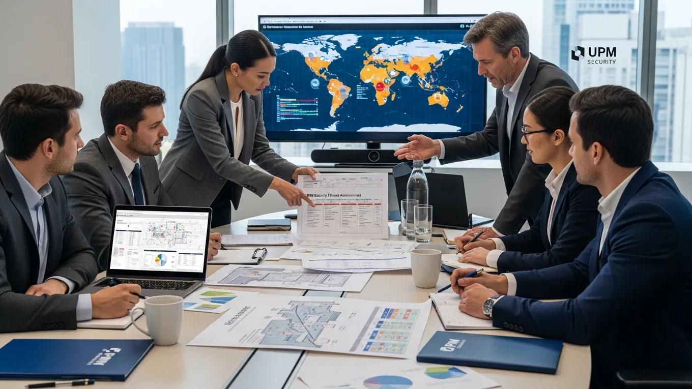 Security professionals collaborating on risk assessment strategies in a modern conference room