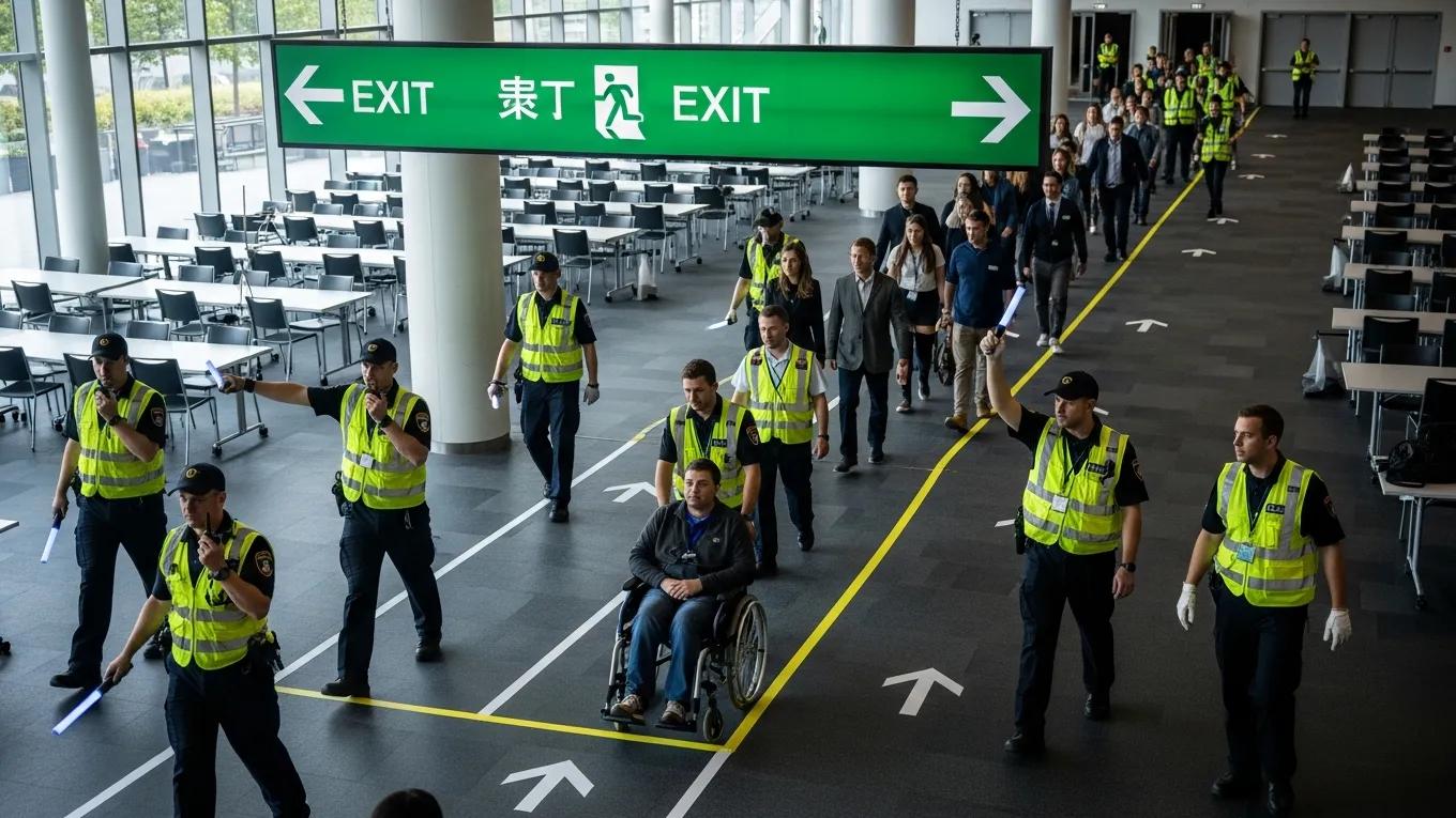 Security staff conducting an emergency response drill with evacuation routes