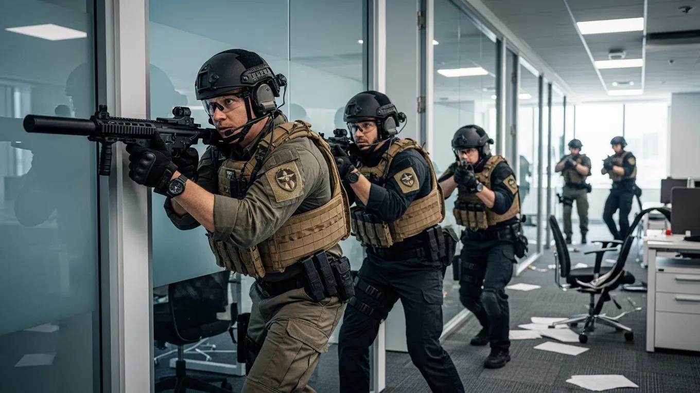 Security team conducting a training drill for crisis management in a corporate setting