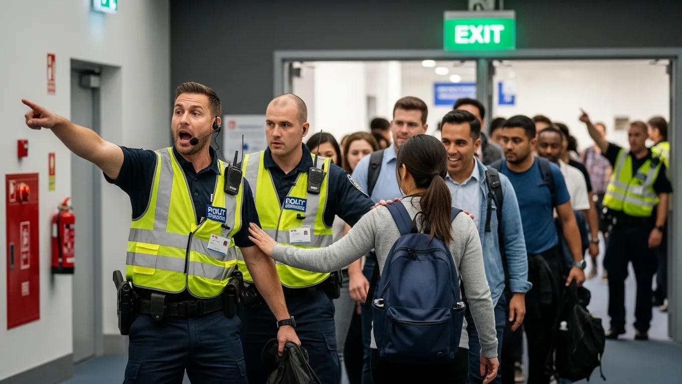 Security team conducting crowd control training during an evacuation drill