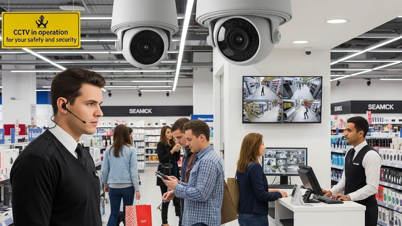 Shoplifting deterrent systems in action with security personnel and surveillance