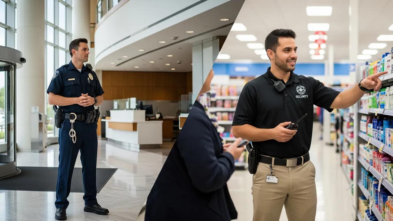 Side-by-side comparison of armed guard at a bank and unarmed guard at a retail store