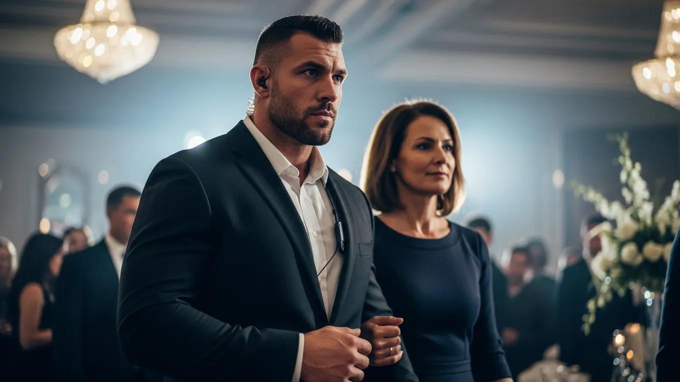Specialized bodyguard providing close protection to an executive at a public event, showcasing tailored security services