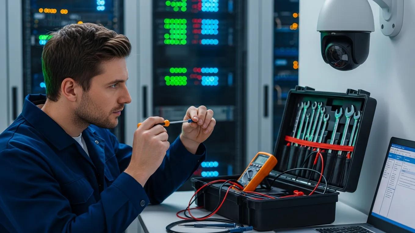 Technician troubleshooting video surveillance camera connectivity