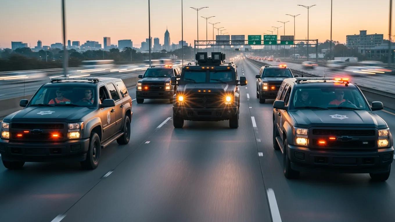 Vehicle escort convoy ensuring safe transport of high-value assets with security personnel