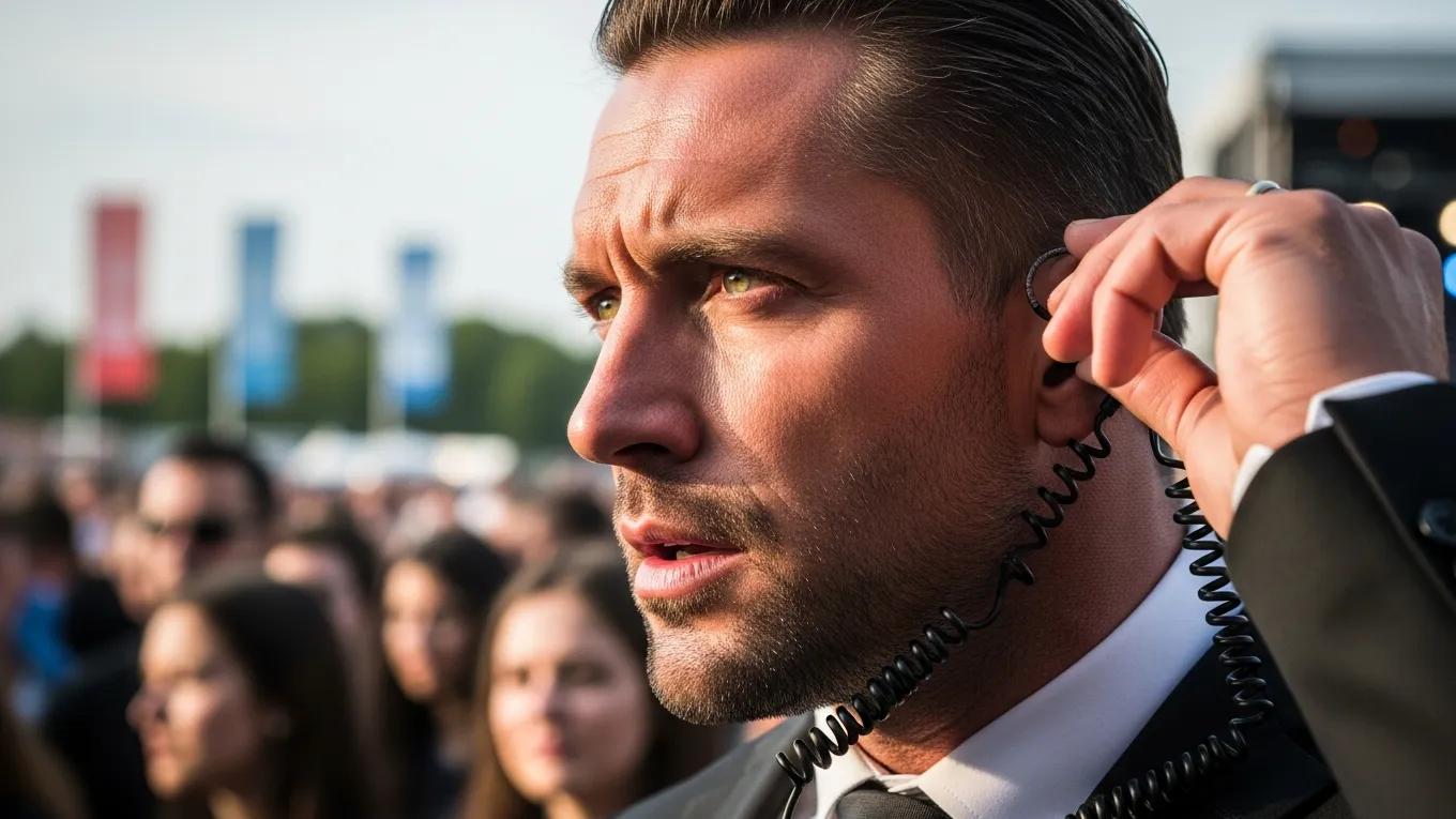 VIP bodyguard monitoring a public event for security