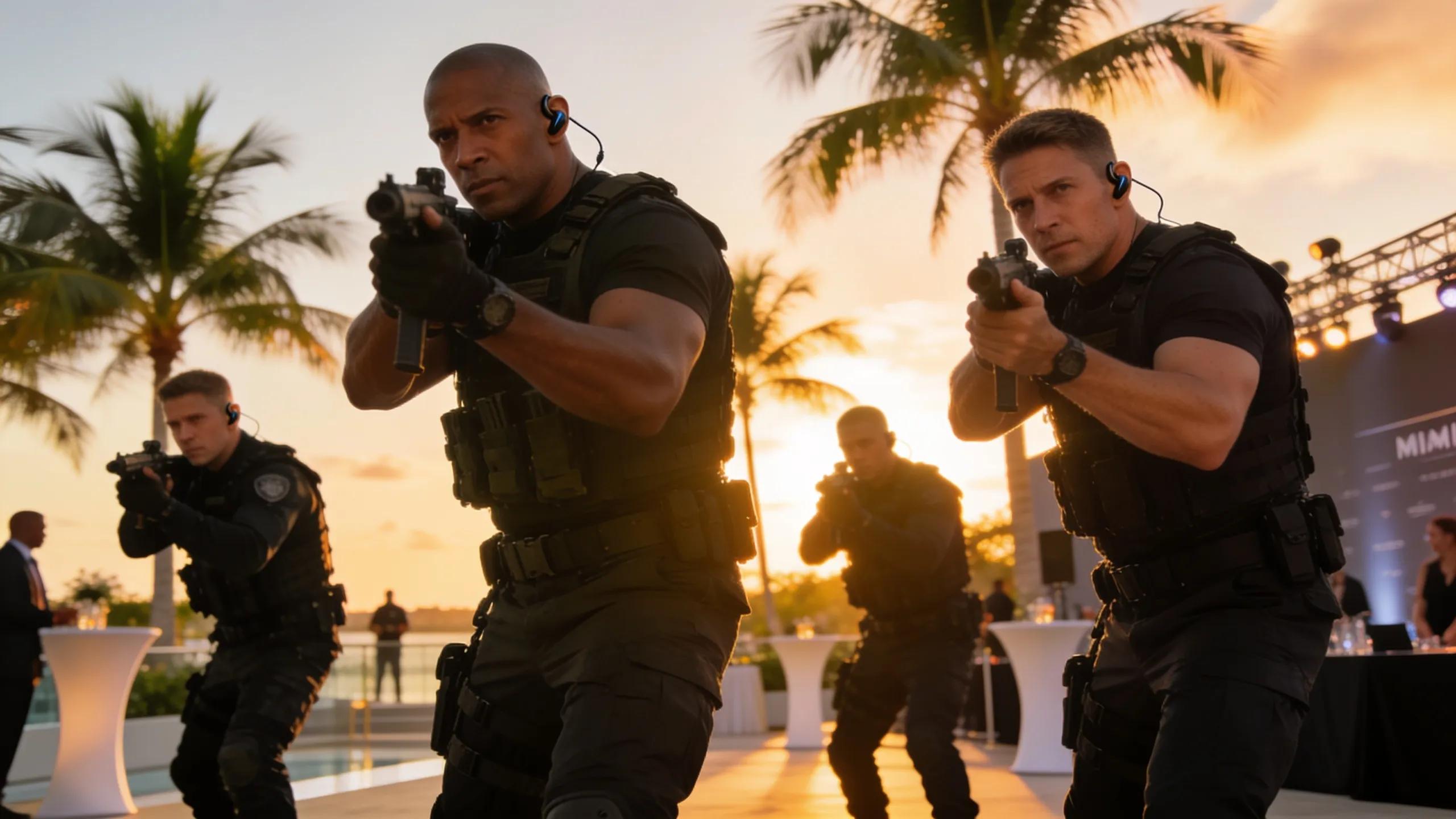 UPM Security guards providing executive protection services at a Miami event, demonstrating proactive security measures.