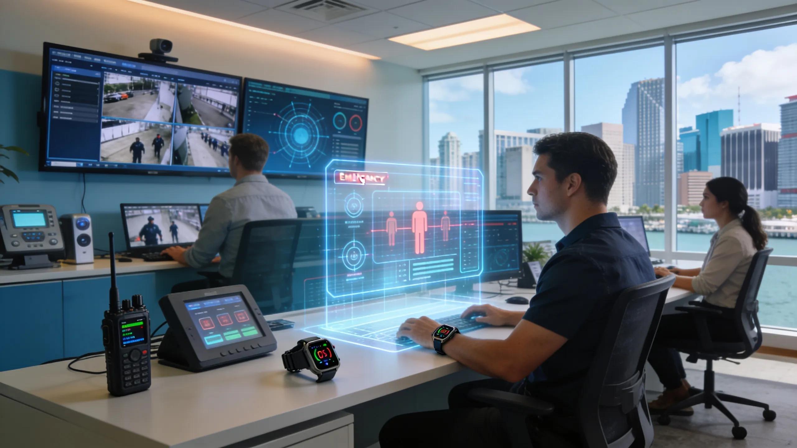 Security operations center with surveillance monitors and technology integration for executive protection.