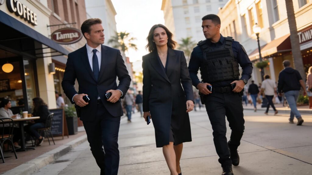 Executive protection team walking in Tampa, Florida, safeguarding client.
