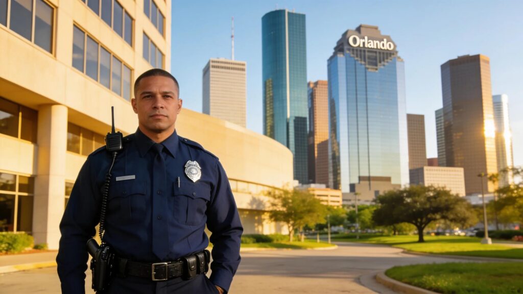 Orlando security guard with radio standing in front of a commercial building