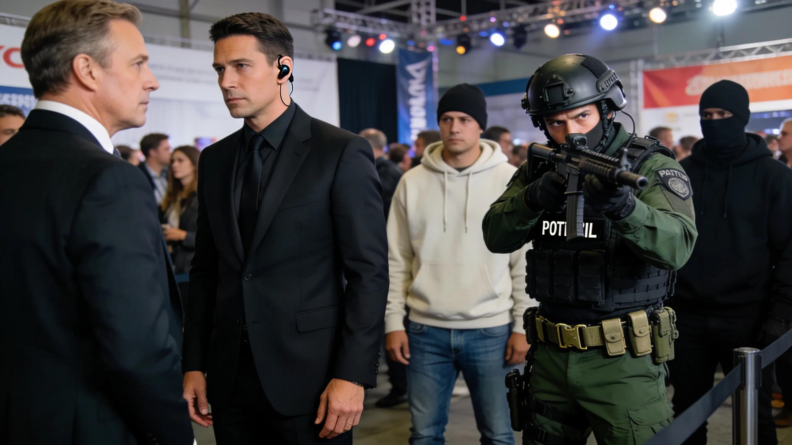 Executive protection and armed security personnel securing an event, demonstrating bodyguard services.