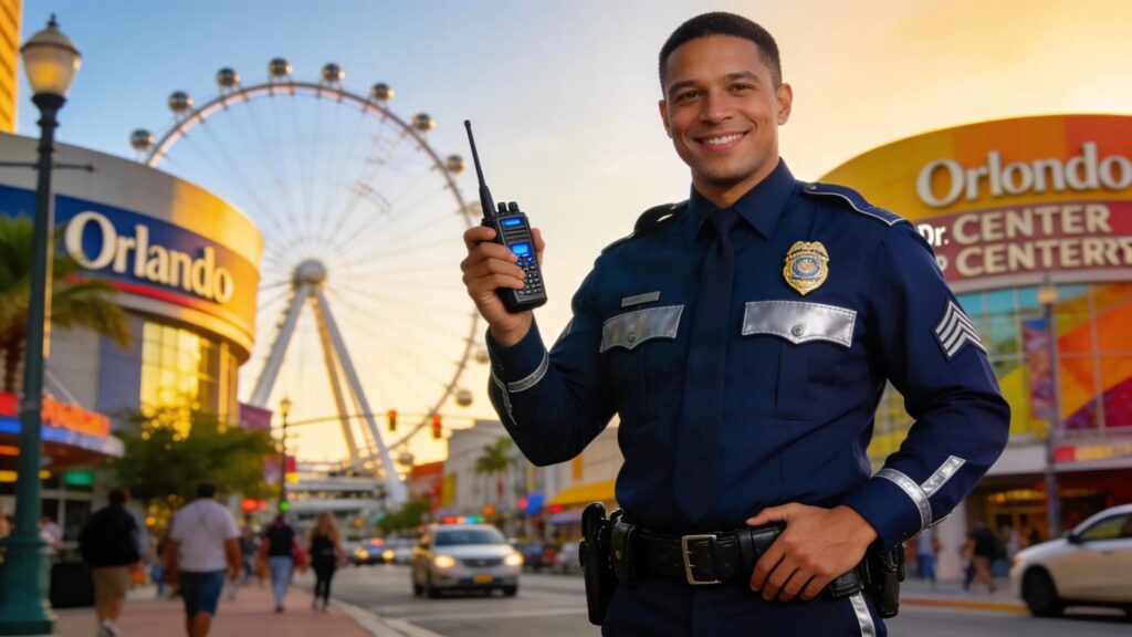 Professional security guard in Orlando urban backdrop emphasizing rapid deployment and safety