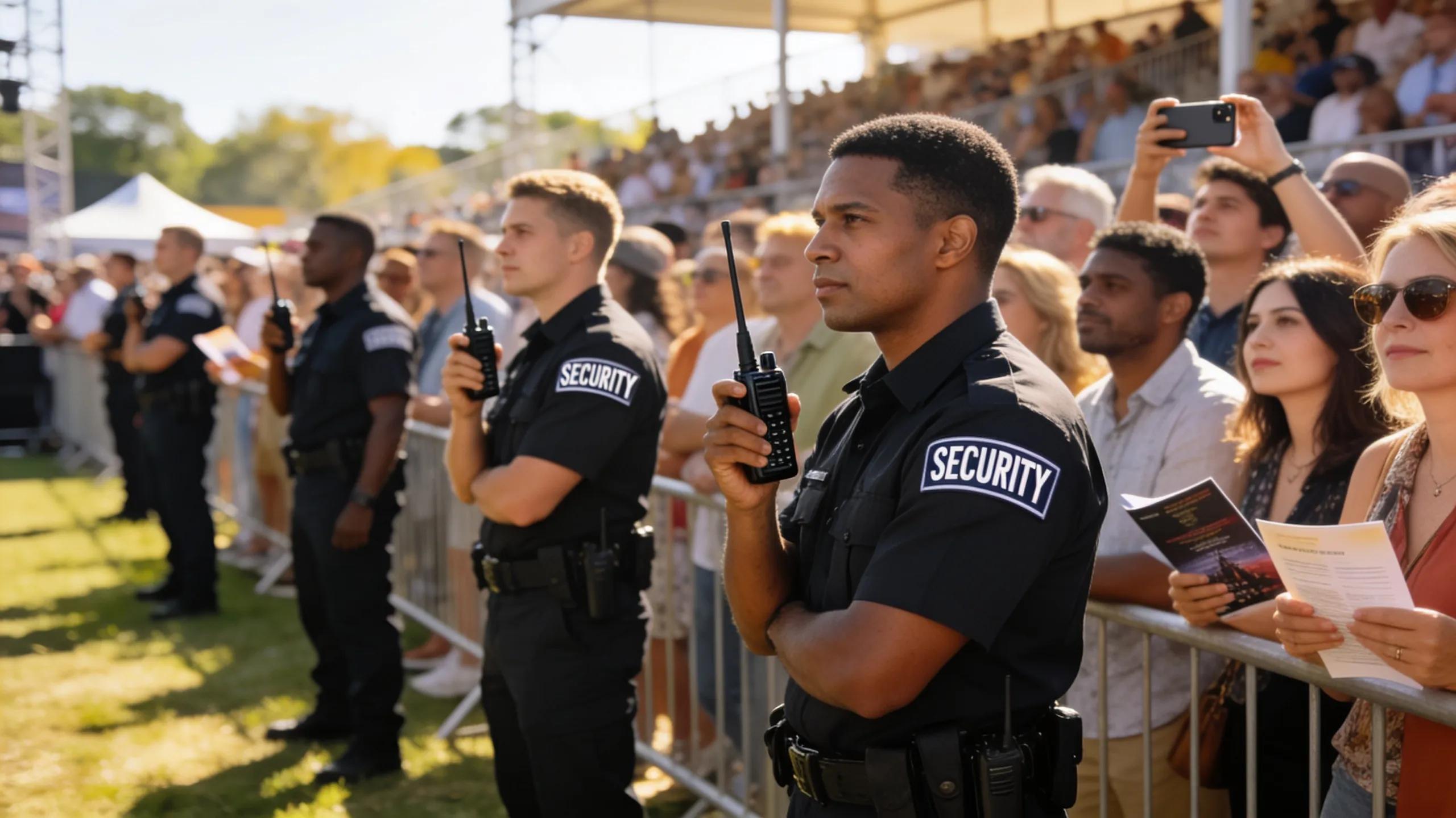 Event security team managing crowd control with communication devices at a public event