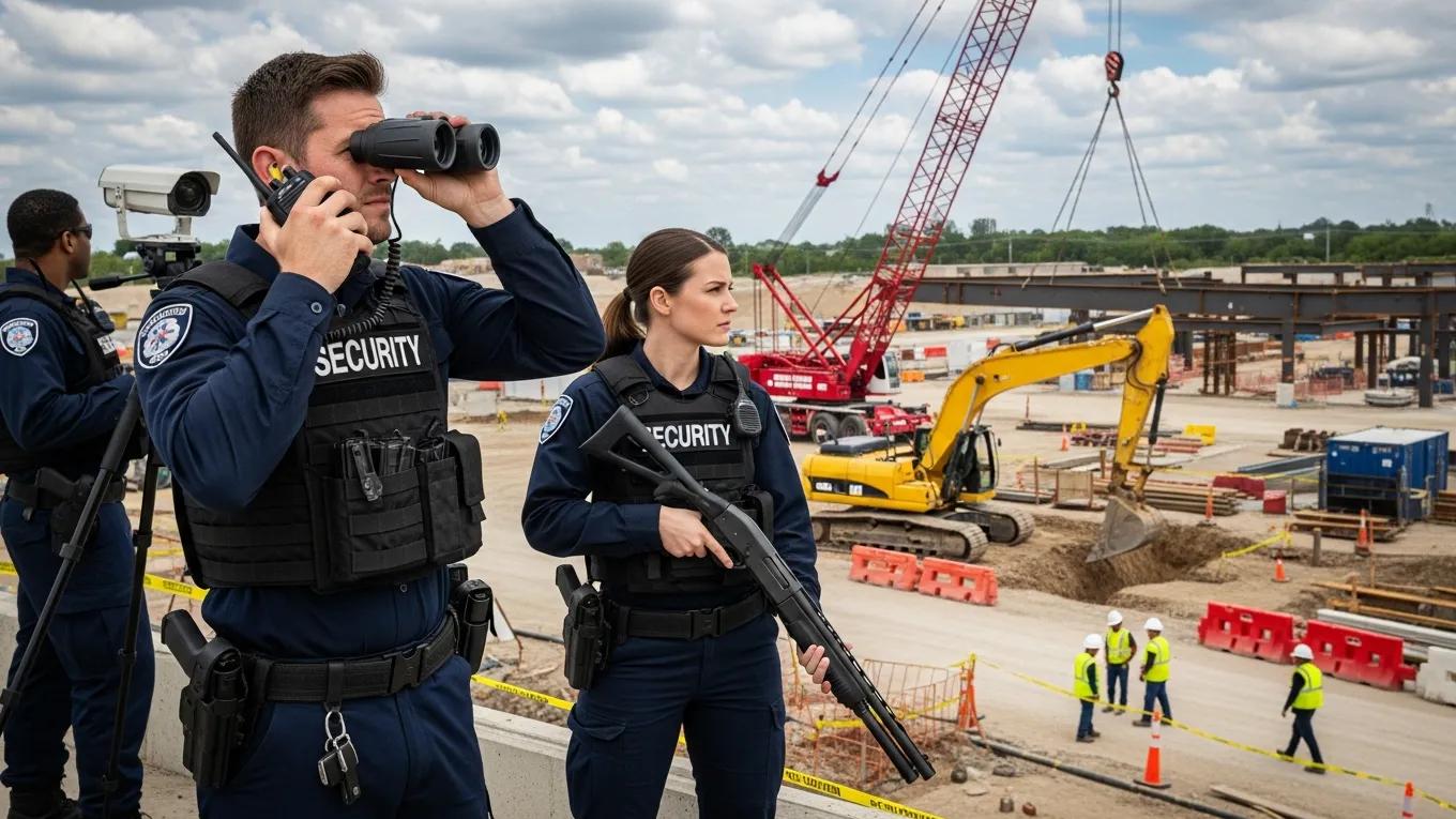 Armed security guards monitoring a construction site in Florida, demonstrating professionalism and readiness for high-risk environments.