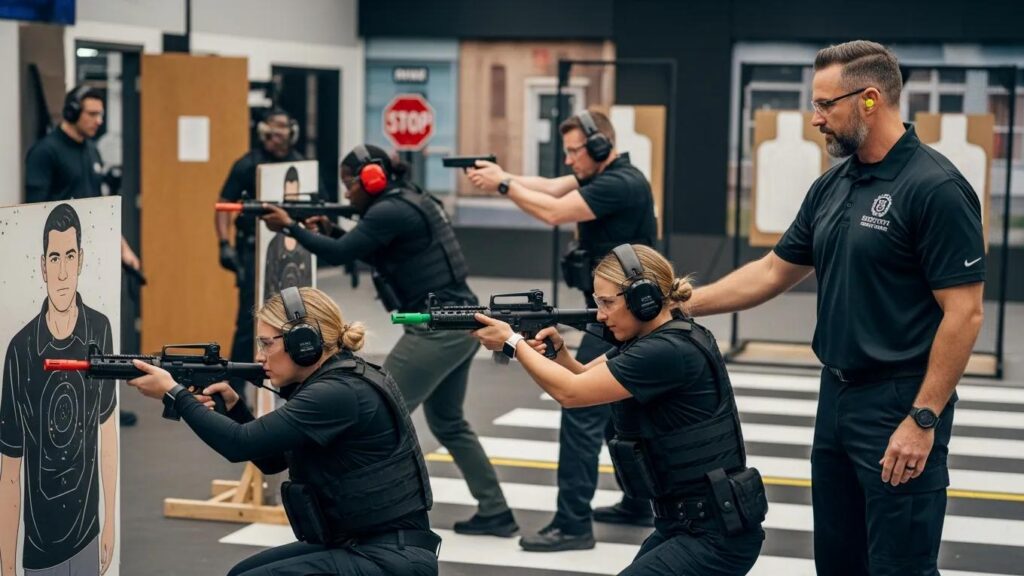Armed security training session in Florida with diverse trainees and veteran instructor