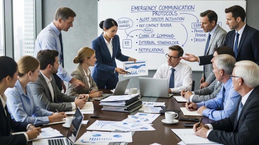 Business professionals discussing emergency communication strategies in a conference room
