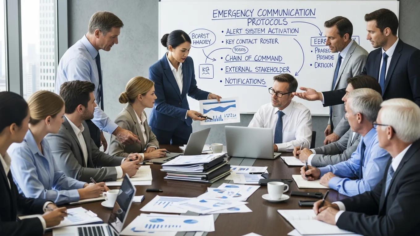 Business professionals discussing emergency communication strategies and alert system protocols in a conference room.