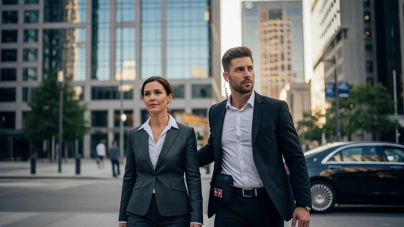Executive escorted by protective agent in urban setting, advance travel security and risk mitigation.