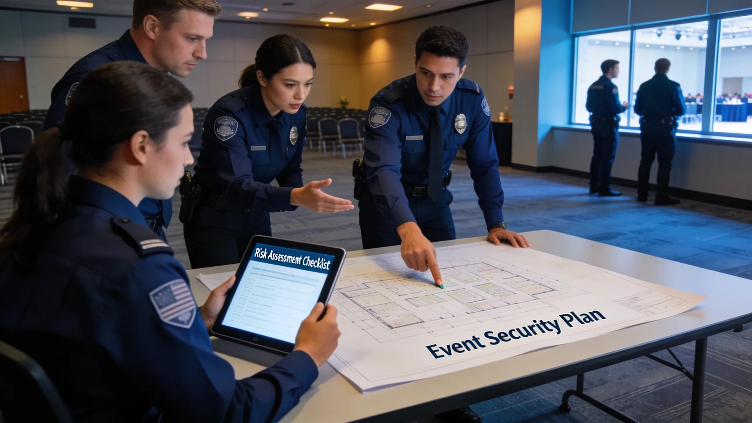 Security personnel reviewing event security plan and risk assessment checklist.